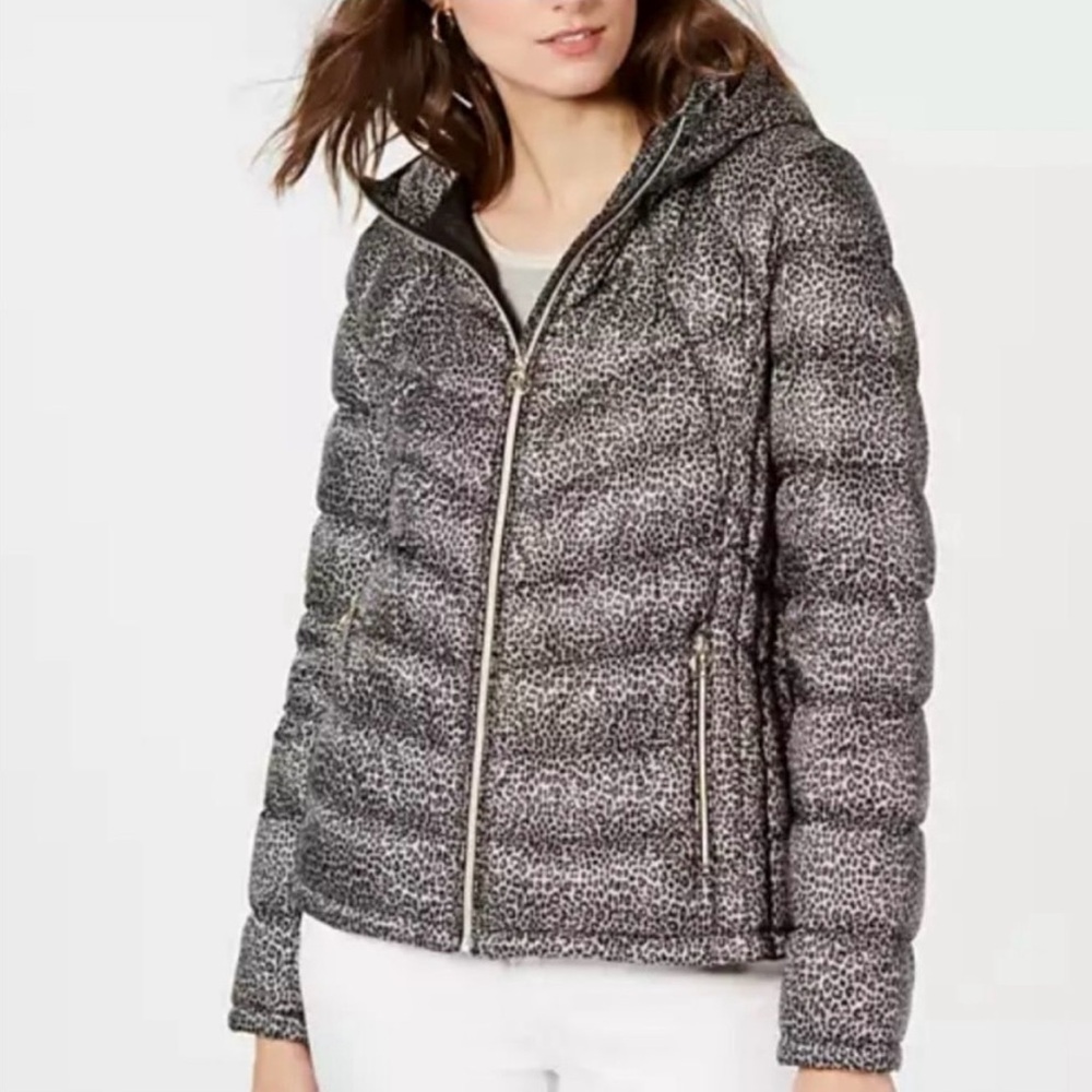 Macy’s Michael Michael Kors Gray Mini Leopard Print Puffer Coat